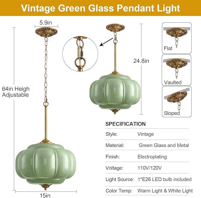 Green Glass Pendant Light, 15in Large Schoolhouse Light Fixture, LED Bulb Included, Vintage Art Deco Chandelier for Kitchen Island Dining Room Bedroom Hallway, Green & Antique Gold 1 Pack