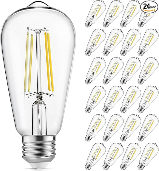 Gozelux LED Edison Light Bulbs, 60W Equivalent Incandescent Edison Bulbs, Efficient 6W ST58, E26 Medium Base, Dimmable, 750 Lumens, 4000K, Cool White, 90+ CRI, Clear - 24 Count (Pack of 1)