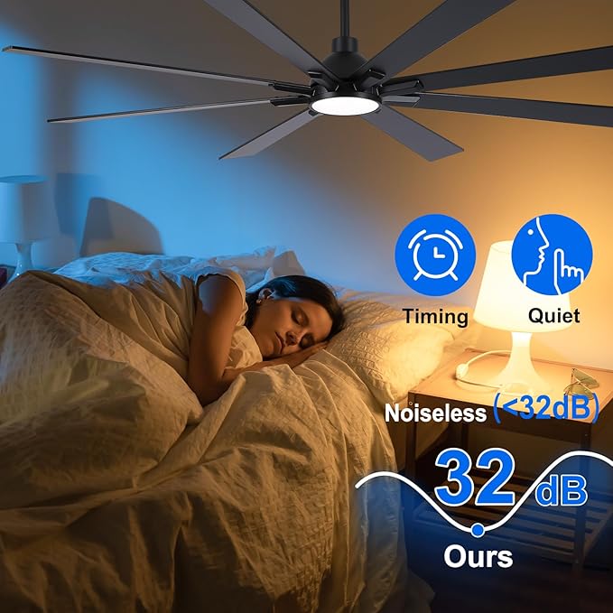72 Inch Ceiling Fans with Lights and Remote, Black Large Ceiling Fan for Bedroom Living Room Indoor/Outdoor, Quiet 6 Speed Reversible DC Motor, 3CCT, Downrod, Dual Color 8 Blades, ETL Listed