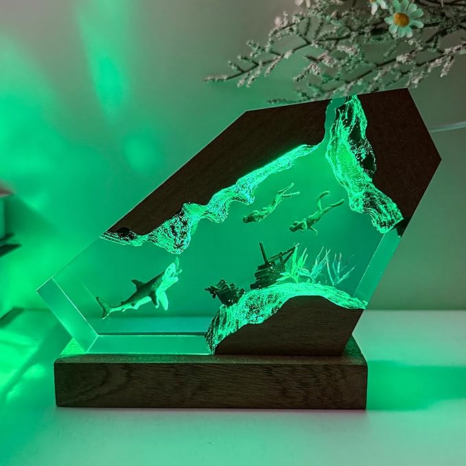 Epoxy Shark Ocean Resin Lamp, Handmade Resin Night Light with USB Port, Multi-Color LED Light, Ideal Home Bedroom Decor, Scuba Diver Gift for Birthday Holiday, Unique Shark Gifts for Him Her (6"x4")