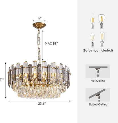 7PM Gold Crystal Chandeliers, 24-inch 4-Tier Modern Crystal Chandelier for Dining Room, Luxury Crystal Pendant Light Ceiling Light Fixture for Living Room Kitchen Island Bedroom Entryway, Brass Finish