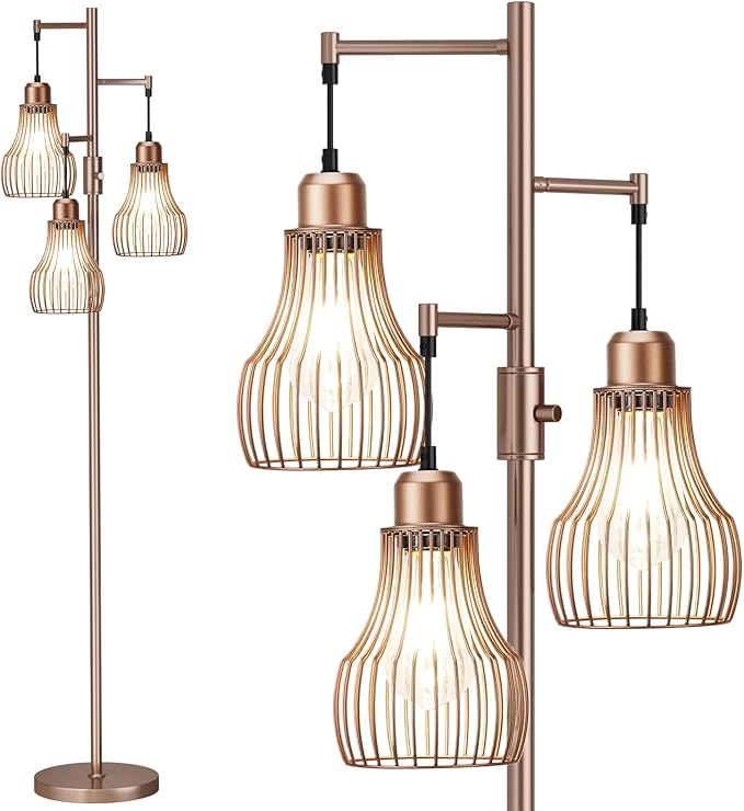 Ziisee Dimmable Floor Lamps for Living Room, Industrial Tree Standing Tall Lamps with 3 Elegant Cage Shade & 800 Lumens LED Bulbs for Bedroom Office - Brown