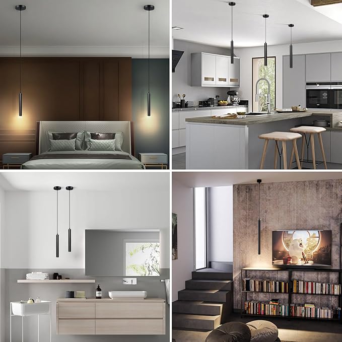 Pendant Lights Kitchen Island 2 Pack, Modern LED Pendant Light for Bedroom Bedside Table TV Background, Minimalist Black Pendant Light Fixture, Kitchen Island Light, Height Adjustable, 3000k