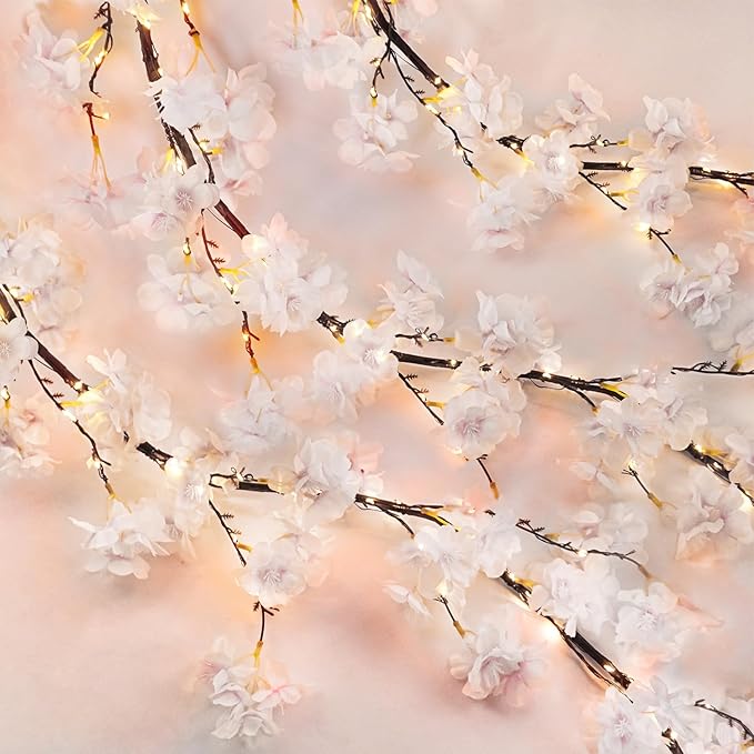 obbsie 6FT Lighted Cherry Blossom Garland with 100 Fairy Lights Timer Battery Operated Artificial Cherry Blossom Flower Vines with Lights for Mantle Home Fireplace Wedding Party Office Decor