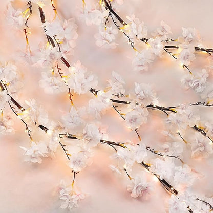 obbsie 6FT Lighted Cherry Blossom Garland with 100 Fairy Lights Timer Battery Operated Artificial Cherry Blossom Flower Vines with Lights for Mantle Home Fireplace Wedding Party Office Decor