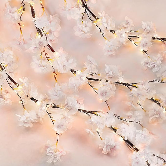 obbsie 6FT Lighted Cherry Blossom Garland with 100 Fairy Lights Timer Battery Operated Artificial Cherry Blossom Flower Vines with Lights for Mantle Home Fireplace Wedding Party Office Decor