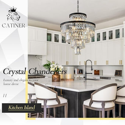 24" Modern Crystal Chandelier 15 Lights Black Pendant Light Fixture Luxury 5-Tier K9 Crystals Chandelier Contemporary Round Pendant Lighting for Dinning Room Living Room Foyer Kitchen