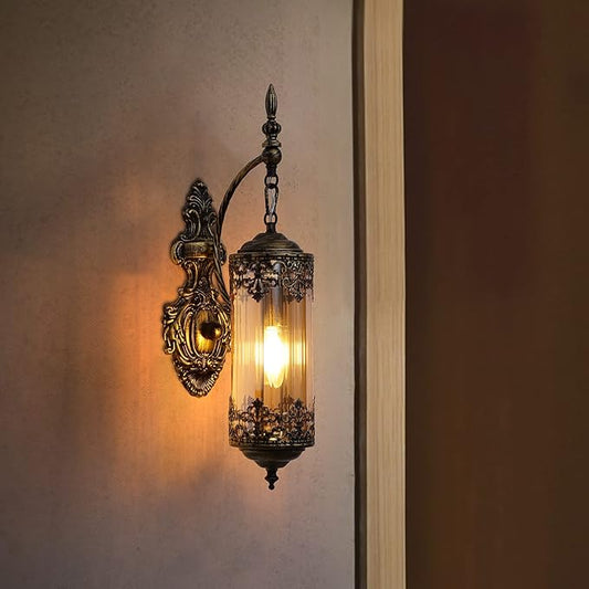 Vintage Wall Sconce with Amber Glass, Rustic Black Brushed Gold Farmhouse Wall Light Fixture, Antique Gothic Decorative Metal Wall Lamp for Hallway, Bedroom, Living Room, Entryway