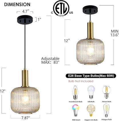 8 Inch Amber Glass Pendant Lights Small Modern Chandelier Pendant Lighting Mid Century Hanging Lights Adjustable Kitchen Island Light for Dining Room Bedroom Hallway