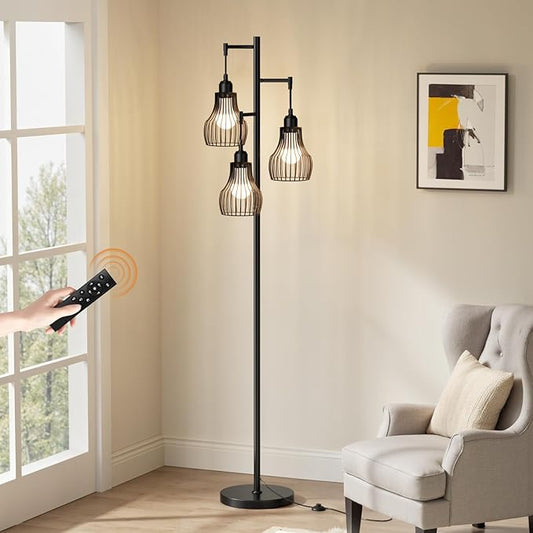 Ziisee Dimmable Floor Lamps for Living Room, Farmhouse Tree Standing Tall Lamp with Remote Control 3 Elegant Cage Shade LED Bulbs for Bedroom Office - Black