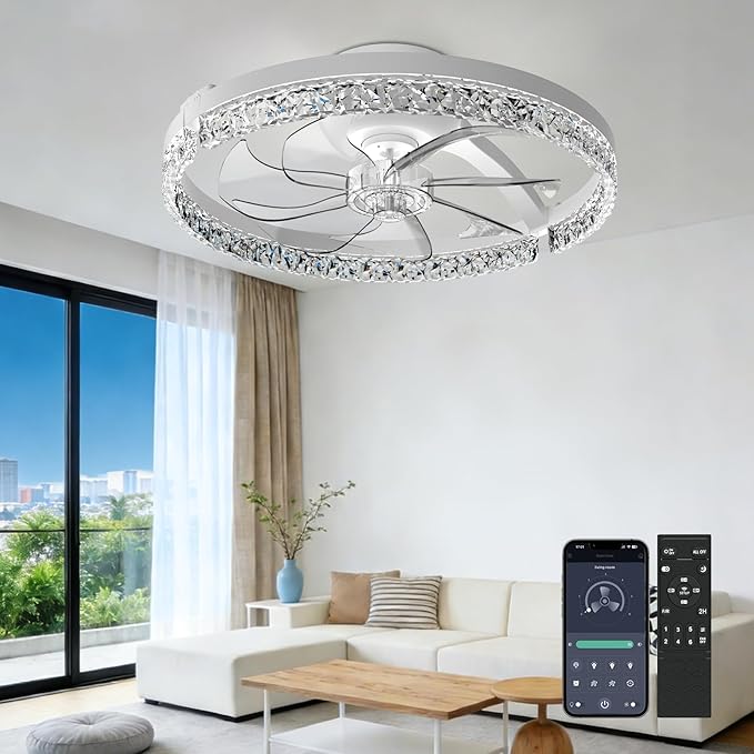 AIKVSXER Ceiling Fans with Lights,20 Inch Low Profile Fandelier with APP Control, Ultra Quiet,3CCT and 6 Wind Speeds for Bedroom, Living Room Modern Flush Mount Fan Light (White, 20inch-Crystal Fold)