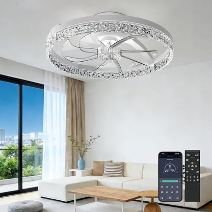 AIKVSXER Ceiling Fans with Lights,20 Inch Low Profile Fandelier with APP Control, Ultra Quiet,3CCT and 6 Wind Speeds for Bedroom, Living Room Modern Flush Mount Fan Light (White, 20inch-Crystal Fold)