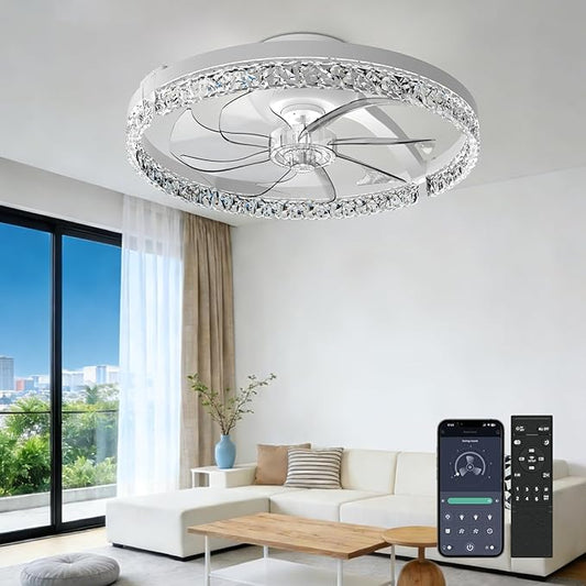AIKVSXER Ceiling Fans with Lights,20 Inch Low Profile Fandelier with APP Control, Ultra Quiet,3CCT and 6 Wind Speeds for Bedroom, Living Room Modern Flush Mount Fan Light (White, 20inch-Crystal Fold)