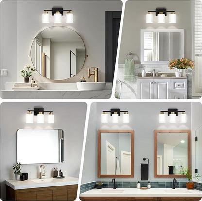 FonmYim Black and Gold Bathroom Light Fixtures, 3-Light Modern Vanity Light Over Mirror, Wall Sconces with Milky White Frosted Glass Shades, E26 Socket (Bulbs Not Included)
