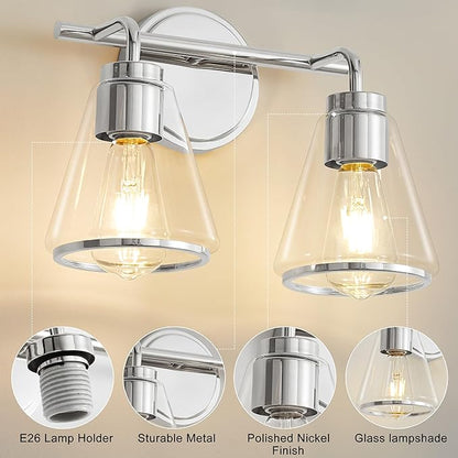 Bathroom Light Fixtures Over Mirror Polished Nickel Vanity Light 2-Lights Bathroom Vanity Lights with Clear Glass Shade 14 inch Vanity Lighting Fixtures Modern Wall Sconces Bath Light