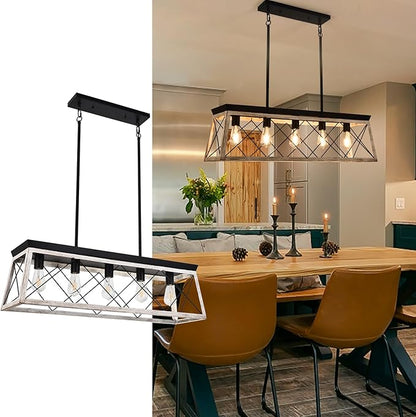 Luupyia 37.8Inches Farmhouse Rectangular Chandelier Rustic, 5-Lights Kitchen Island Lighting, Linear Island Light Fixture Farmhouse Pendant Lighting Fixtures for Dining Room Pool Table Beige, E26