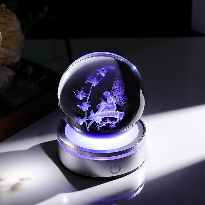 Crystal 3D Fairy 3.15in Ball Figurine Gifts for Women, Collectible Glass Witchy Sphere for Her Room with LED Light Base, Snow Globe Keepsakes for Fairy Lovers Home Decor