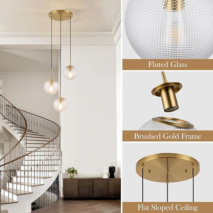 3-Light Glass Globe Pendant Light, Mid Century Modern Cluster Chandelier with Clear Glass, Vintage Gold Pendant Lighting for Kitchen Island, Staircase, Dining Room, Living Room