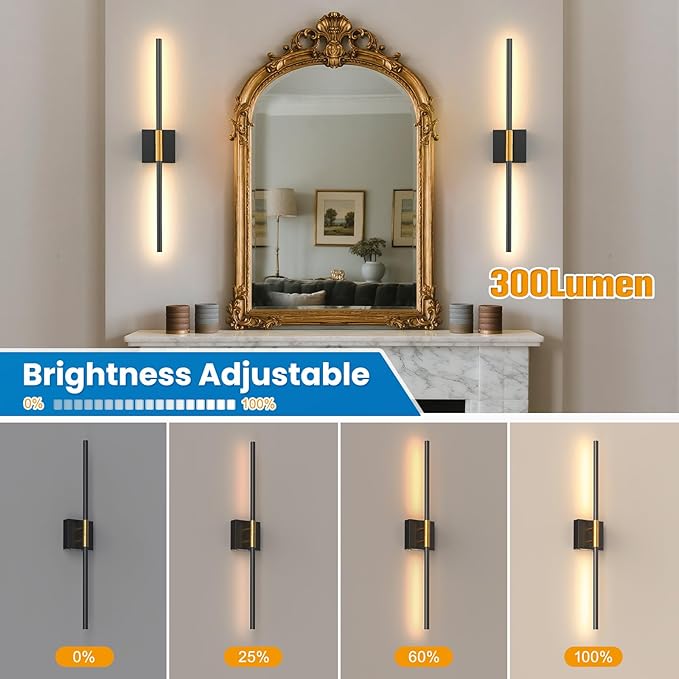 NIORSUN 28 Inch Battery Operated Wall Sconce Set of 2, Black-Gold Rechargeable Wall Lights with DIY Independently Rotatable Tube, 3CCT Dimmable Wireless Wall Sconces for Living Room Bedroom Hallway