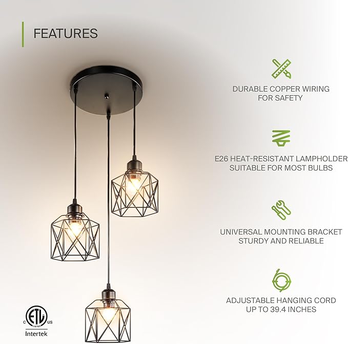 ASD Black Pendant Light Fixture - 3xE26 120V ETL Modern Pendant Lights Kitchen Island, Industrial Hallway, Living Room, Kitchen Island Lighting, Hanging Dining Room Light Fixtures Over Table