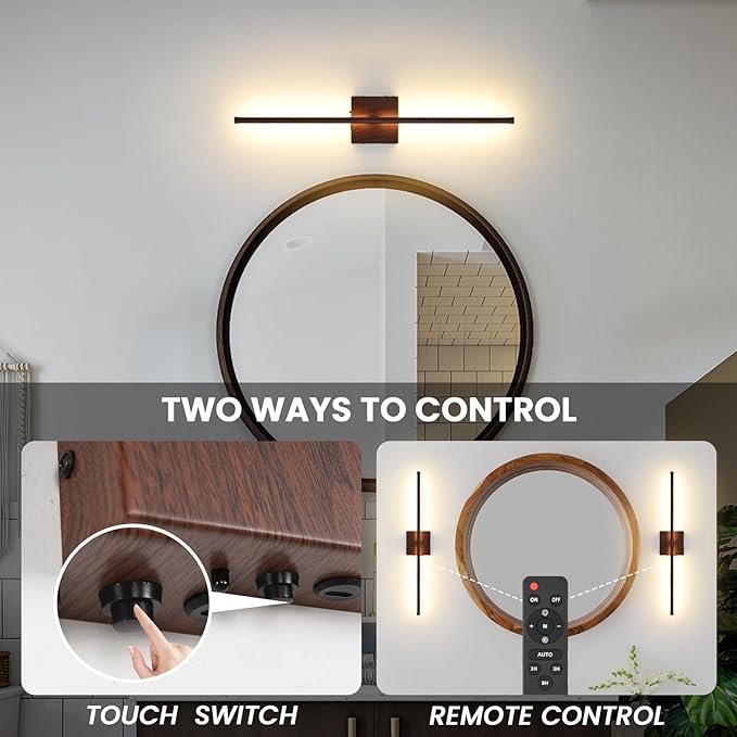 Battery Operated Wall Sconces Set of Two, 11000mAh LED Wireless Faux Walnut Finish Wall Lights with Remote, 350°Rotate Dimmable Wall Lamp, 3 Color Temperatures, for Bedroom, Living Room, Hallway