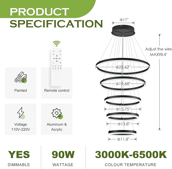 Benkut 5-Rings Modern LED Chandelier Black High Ceiling Chandelier with Remote Control Dimmable Pendant Lighting for Dining Room Foyer Living Room Entryway Staircase(3000K-6500K, D23.6in)