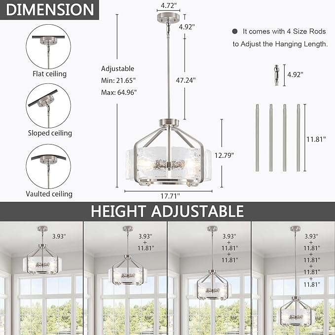 Luupyia 17.7 Inches Glass Drum Chandelier, 4Lights Modern Glass Chandeliers, Height Adjustable Nickel Drum Crystal Chandeliers Pendant Light Dining Room Kitchen Entryway Chandelier for Foyer