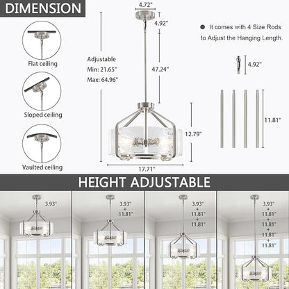 Luupyia 17.7 Inches Glass Drum Chandelier, 4Lights Modern Glass Chandeliers, Height Adjustable Nickel Drum Crystal Chandeliers Pendant Light Dining Room Kitchen Entryway Chandelier for Foyer