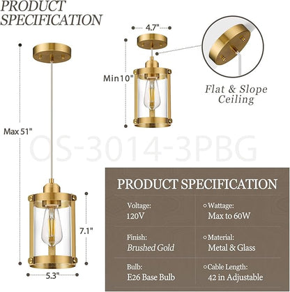 Brushed Gold Pendant Lights Kitchen Island 3 Pack, Modern Kitchen Pendant Lighting Over Island with Clear Glass, Farmhouse Brass Mini Hanging Light for Kitchen Sink Dining Room, OS-3014-3PBGC