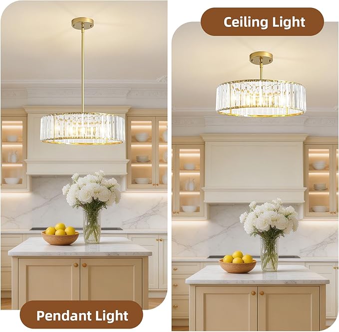 Modern Crystal Chandelier for Dining Room,16 Inch Gold Semi Flush Mount Ceiling Light Fixture,Round Kitchen Hanging Drum Pendant Lights Ceiling for Bedroom Foyer Hallway， 4-Light