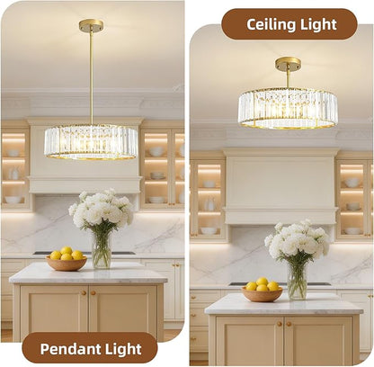 Modern Crystal Chandelier for Dining Room,16 Inch Gold Semi Flush Mount Ceiling Light Fixture,Round Kitchen Hanging Drum Pendant Lights Ceiling for Bedroom Foyer Hallway， 4-Light