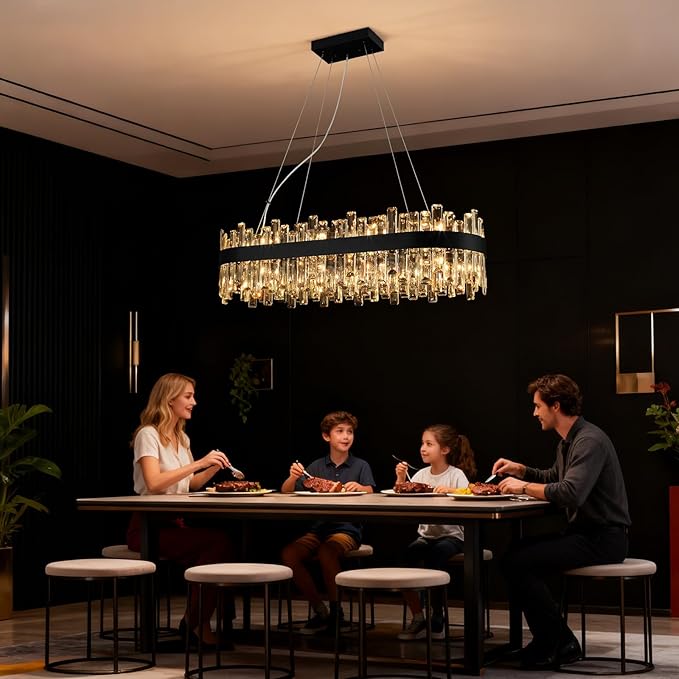 Weesalife Black Crystal Chandeliers for Dining Room, 20 Lights Modern Oval Chandelier for Lining Room, Rectangular Crystal Pendant Light Fixture for Kitchen Island Bar L36 Inch