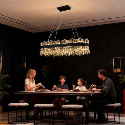 Weesalife Black Crystal Chandeliers for Dining Room, 20 Lights Modern Oval Chandelier for Lining Room, Rectangular Crystal Pendant Light Fixture for Kitchen Island Bar L36 Inch