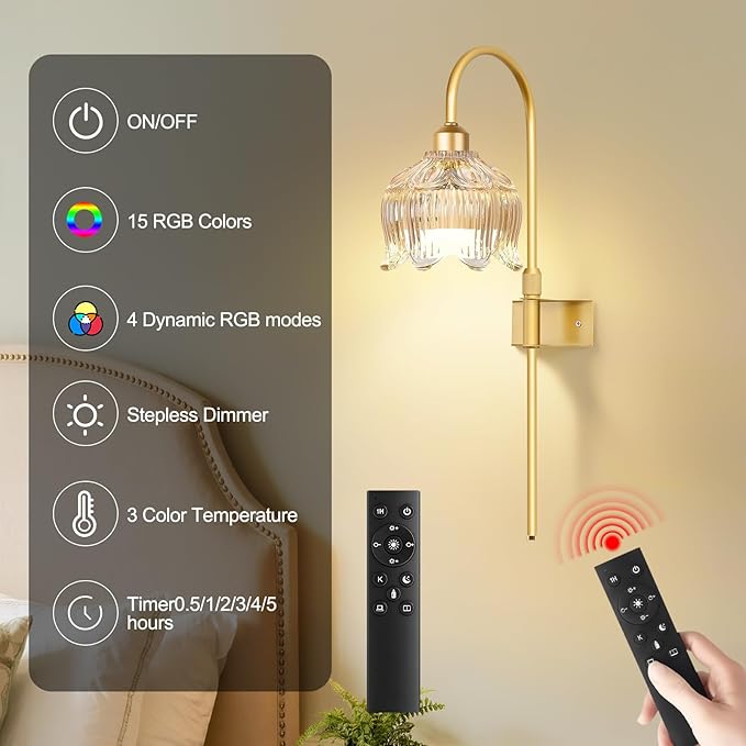 Vintage Battery Operated Wall Sconce with Flower Glass lampshade,Dimmable Battery Operated Wall Sconces Set Of Two,Rechargeable Battery Wall Lights lamp with13 Colors for Bedroom Living Room Hallway