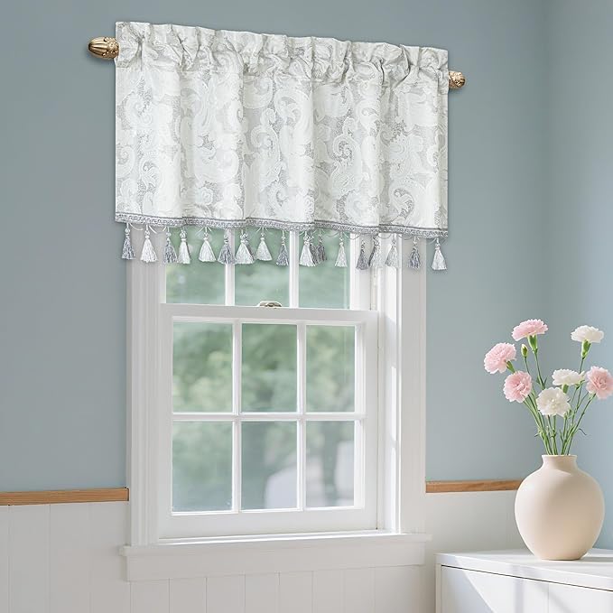 Loom and Mill Luxury Valances for Windows, Elegant Damask Thick Window Treatment Curtains Valance with Handmade Tassels for Living Room, Bedroom Party Banquet Decorations (54" x 18", Silver&White)