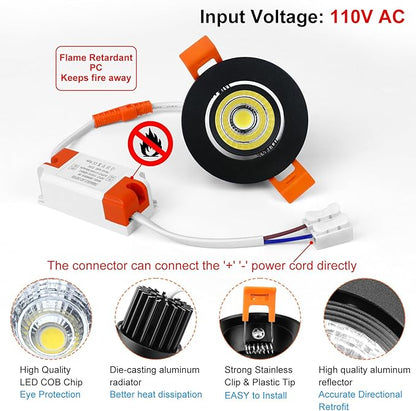 inShareplus 2 Inch LED Downlight, 3W Recessed Lighting 220LM COB Dimmable, 5000K Daylight White, CRI80, Black Trim, Ceiling Lights with LED Driver, 12 Pack