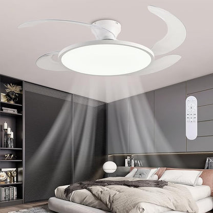 AHAWILL 48'' Retractable Ceiling Fan,Full Spectrum Low Profile Ceiling Fan with Light and Remote,Modern White Fan for Dinning Room Living Room Bedroom,Retractable Blades,Dimmable,Timer Setting
