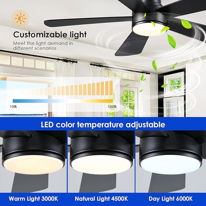Hounberi 46 Inch Flush Mount Ceiling Fan with Lights and Remote, Modern Quiet DC Motor Low Profile Ceiling Fan for Low Ceilings, 5 Reversible Blades, 6 Speeds Dimmable, Indoor Outdoor Bedroom, Black