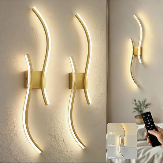 DORESshop Battery Operated Wall Sconces Set of 2, Acrylic Modern Wireless Rechargeable Wall Lights with Dimming, 3000K-6000K, 8000mAh, Sconce Wall Decor for Living Room, Hallway, Bedroom, Gold, 39in
