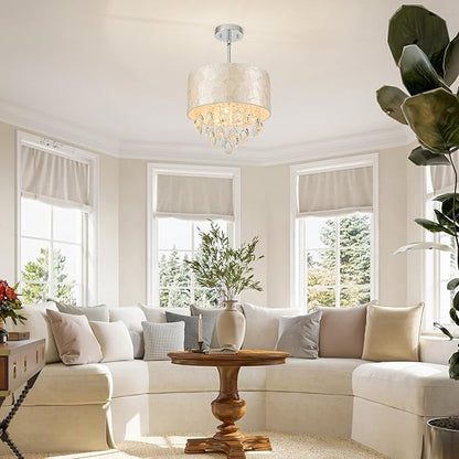 LumFurn D12 inch Capiz Shell Crystal Drum Chandeliers, 3-Light Coastal Style Pendant Light Fixture for Dining Room, Living Room, D12 x H19~49"(Adjustable Height), Shell Lampshade & Chrome Finish