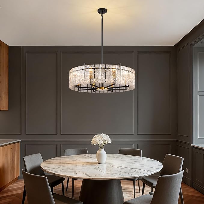 31.5" Modern Round Drum Chandelier Luxury 8-Light Round Large Gold Chandelier Lighting Fixtures Water Ripple Glass Chandeliers for Living Room Dining Room Hotel Foy