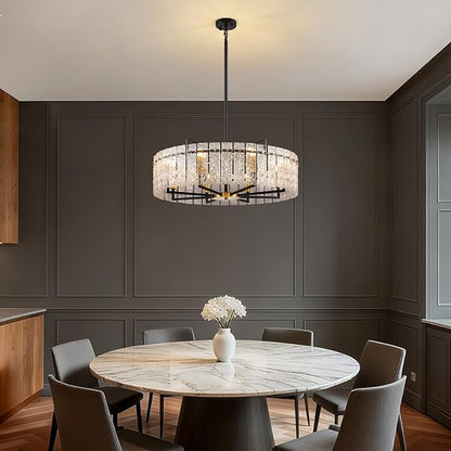 31.5" Modern Round Drum Chandelier Luxury 8-Light Round Large Gold Chandelier Lighting Fixtures Water Ripple Glass Chandeliers for Living Room Dining Room Hotel Foy