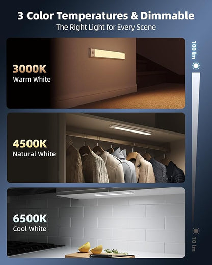 Under Cabinet Lighting Wireless, Rechargeable Battery Motion Sensor Light Indoor, LED Closet Lights USB Charging, 3 Color Dimmable Under Cabinet Lights for Kitchen, Cabinet, Wardrobe (3 Pcs) 12in