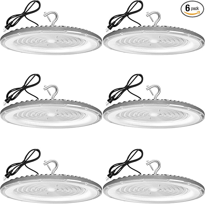 XYCN 6 Pack 400W UFO Led High Bay Light,120VAC,5000K Daylight Commercial Bay Lighting,IP66 Waterproof,61050LM,1750W MH/HPS with Plug Area Lighting for Warehouse/Shop/Workshop/Barn/Gym/Factory