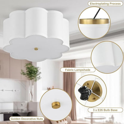 13.4"Semi Flush Mount Ceiling Light Fixture, 3-Light Modern Close to Ceiling Light With Fabric Flower-Shaped Shade, Light Fixtures Ceiling Mount for Bedroom Nursery Kids Room Living Room(Gold)