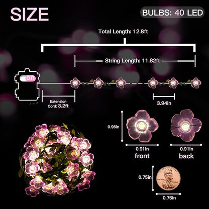suddus Cherry Blossom Vine Lights Battery Powered,40 LED12.8 ft Flower String Lights with Leaves Remote Control,Decorative Pink Fairy Light for Bedroom, Holiday, Partry, Indoor