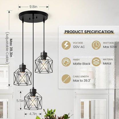 3-Light Pendant Light Fixtures, Farmhouse Hanging Pendant Lighting, Dining Room Chandelier, Industrial Kitchen Island Hanging Light Fixture, Black Metal Cage Pendant Ceiling Lamp for Kitchen