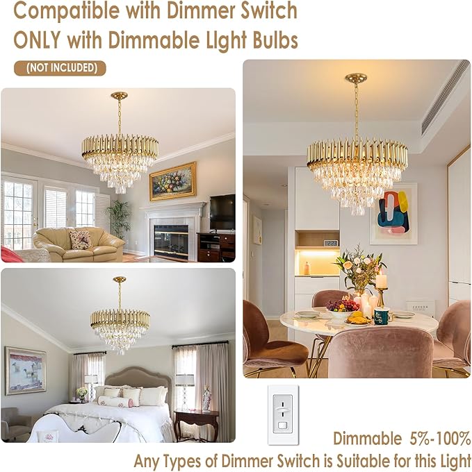 Gold Crystal Chandeliers Modern Round Chandelier for Dining Room 5 Tiers Ceiling Pendant Light Fixtures Large Ceiling Chandeliers for Foyer Living Room Bedroom Foyer entryway 24” 12 Lights