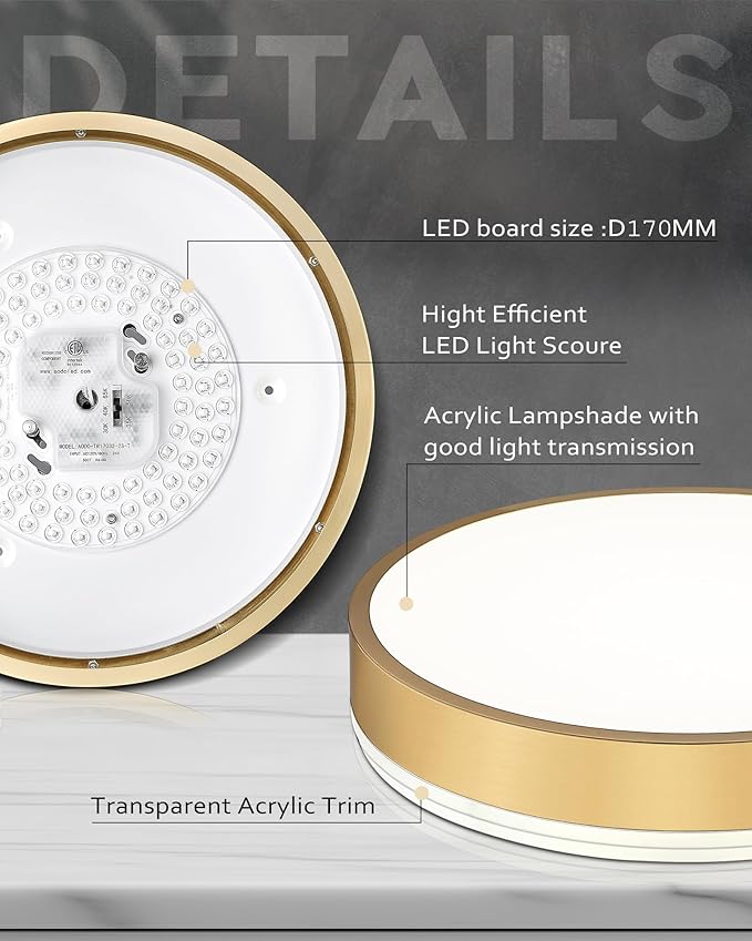 Ken & Ricky 12 Inch Brushed Gold Flush Mount Ceiling Light,Round Flat Led Ceiling Light Dimmable,Close to Ceiling Light Fixtures for Kitchen Bathroom Bedroom Hallway 5CCT 24W 1PK