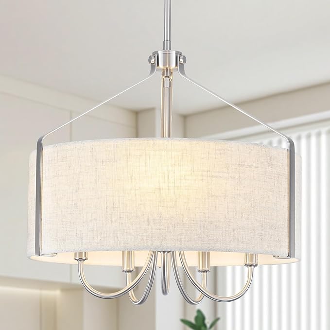 Drum Chandelier for Dining Room, 5-Light Modern Brushed Nickel Chandelier with Linen Shade, 18" Hanging Linen Drum Pendant Ceiling Light Fixture for Entryway, Foyer, Living Room, Kitchen, Bedroom